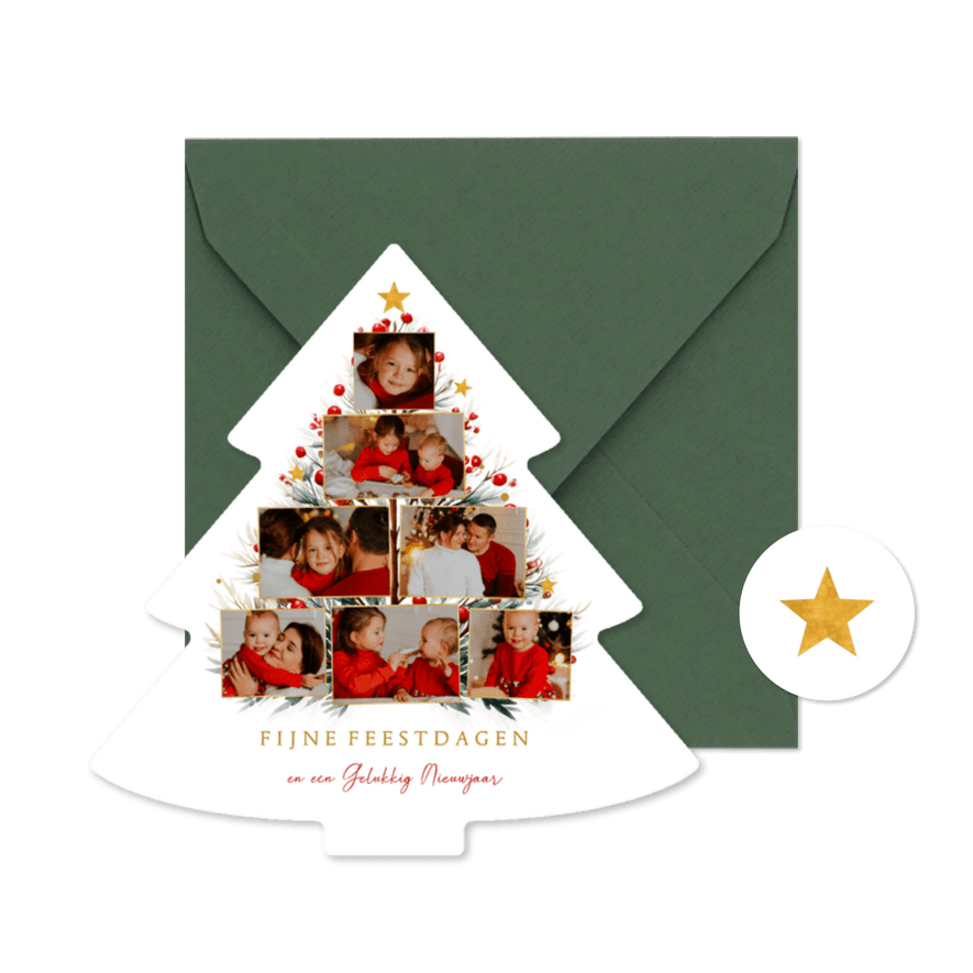 Kerstboomvorm fotocollage met takjes en sterren - Kaartimpressie