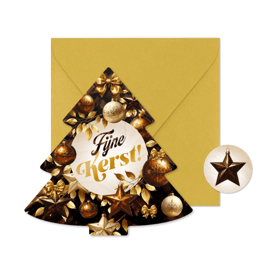 Kerstboomvorm kerstkaart bruine takken, kerstballen sterren - Kaartimpressie