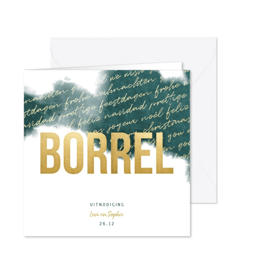 Kerstborrel internationaal waterverf goud - Kaartimpressie