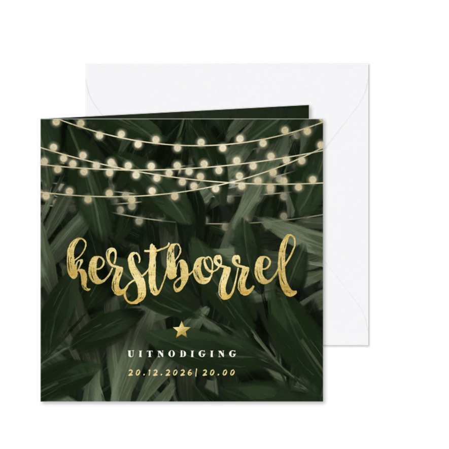 Kerstborrel jungle bladeren met lampjes uitnodiging - Kaartimpressie