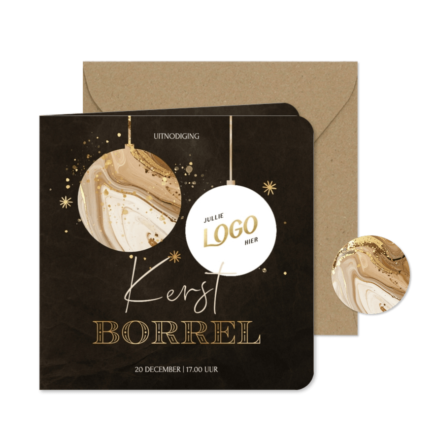 Kerstborrel uitnodiging met marmer kerstbal en logo - Kaartimpressie