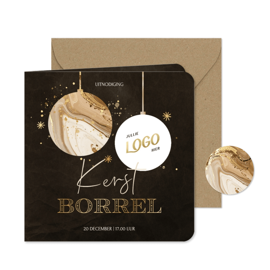 Kerstborrel uitnodiging met marmer kerstbal en logo - Kaartimpressie