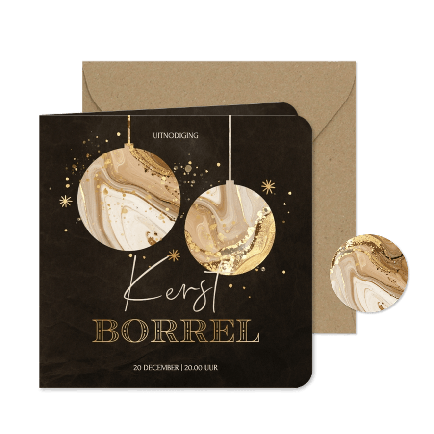 Kerstborrel uitnodiging met marmer kerstballen - Kaartimpressie