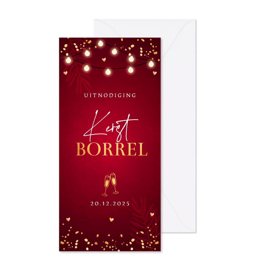 Kerstborrel uitnodiging rood confetti goudlook - Kaartimpressie