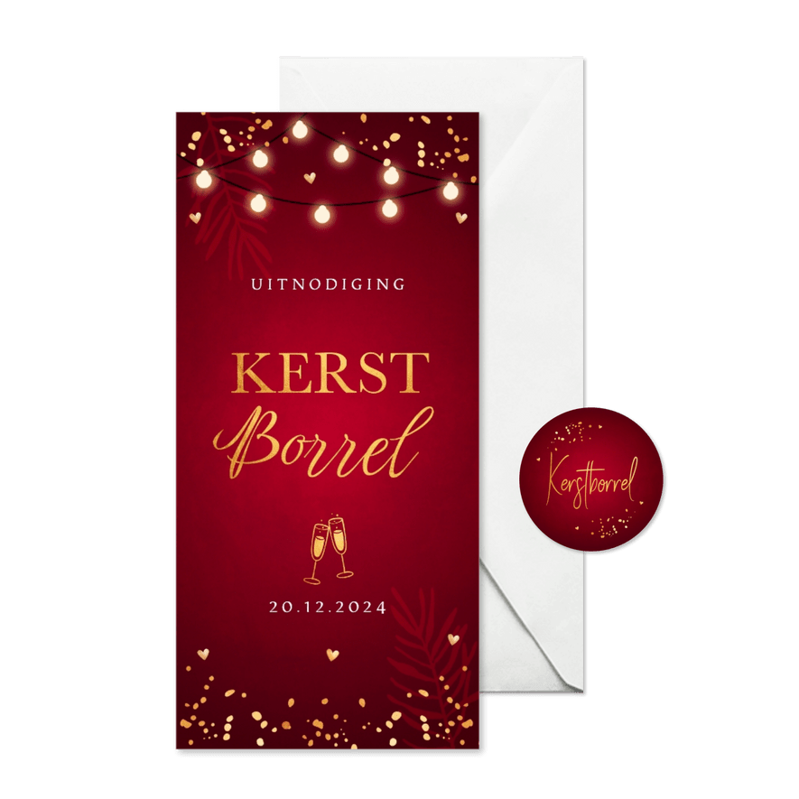 Kerstborrel uitnodiging rood confetti goudlook - Kaartimpressie