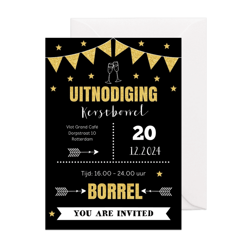 Kerstborrel uitnodiging typografie goudlook - Kaartimpressie