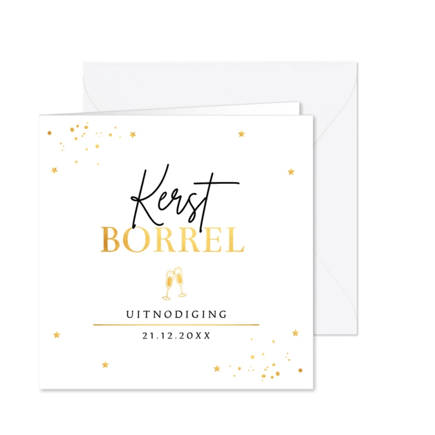 Kerstborrel uitnodiging wit champagneglazen goudlook - Kaartimpressie