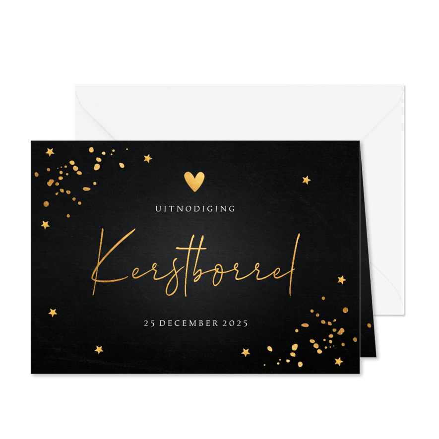 Kerstborrel uitnodiging zwart goudlook confetti - Kaartimpressie