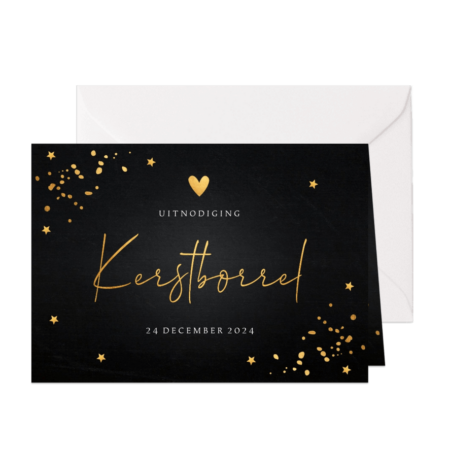 Kerstborrel uitnodiging zwart goudlook confetti - Kaartimpressie