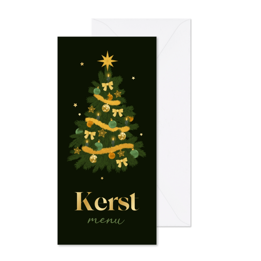 Kerstdiner kerstboom menukaart goud sterretjes decoratie - Kaartimpressie