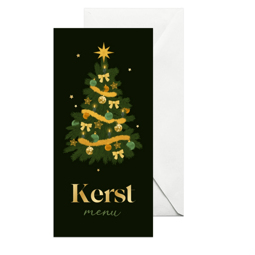 Kerstdiner kerstboom menukaart goud sterretjes decoratie - Kaartimpressie