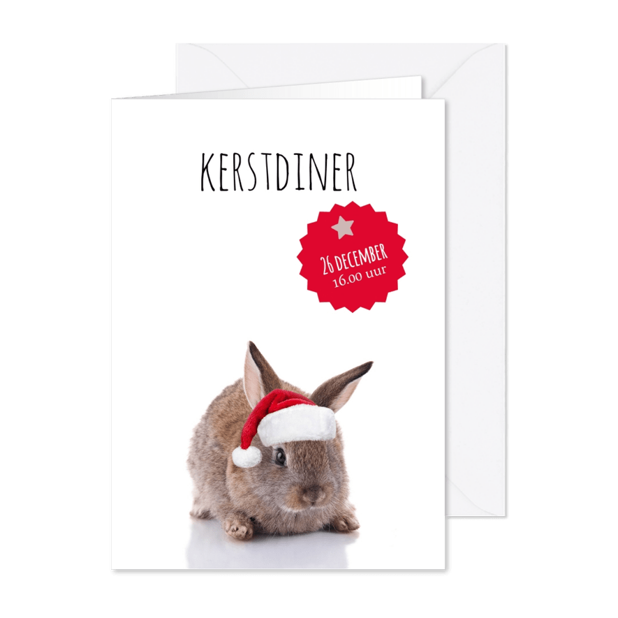 Kerstdiner konijntje met kerstmuts - Kaartimpressie
