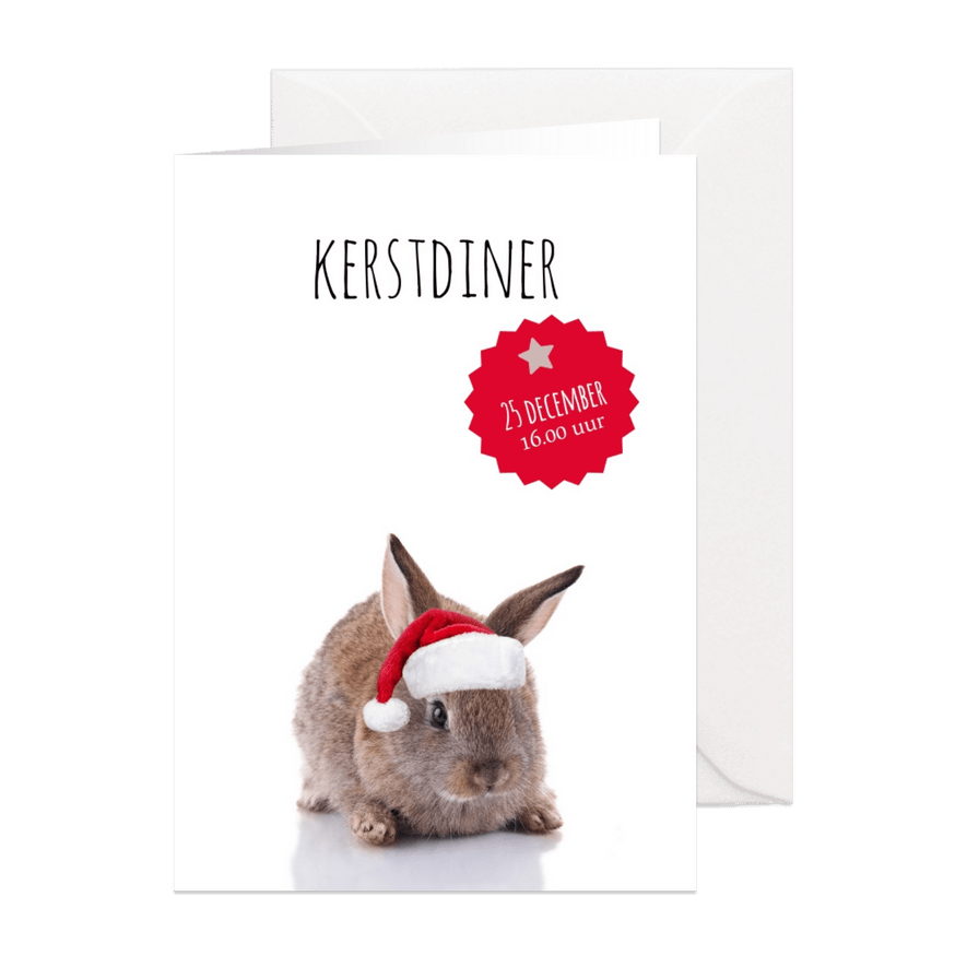 Kerstdiner konijntje met kerstmuts - Kaartimpressie