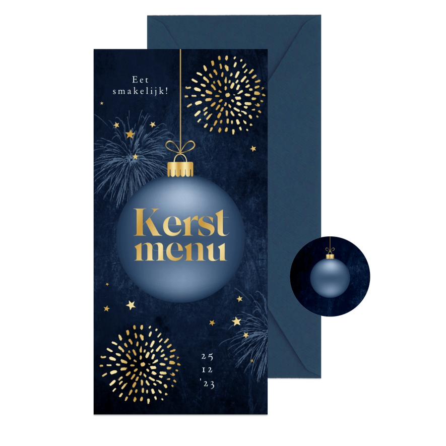 Kerstdiner menukaart kerstbal goud vuurwerk sterretjes - Kaartimpressie