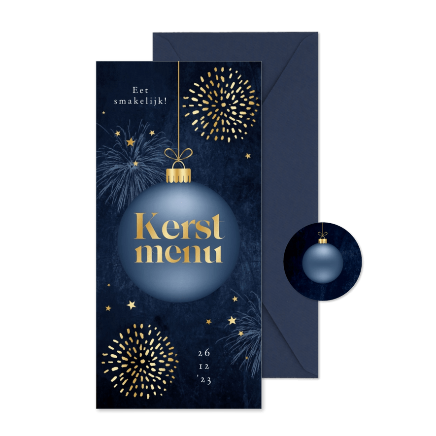 Kerstdiner menukaart kerstbal goud vuurwerk sterretjes - Kaartimpressie