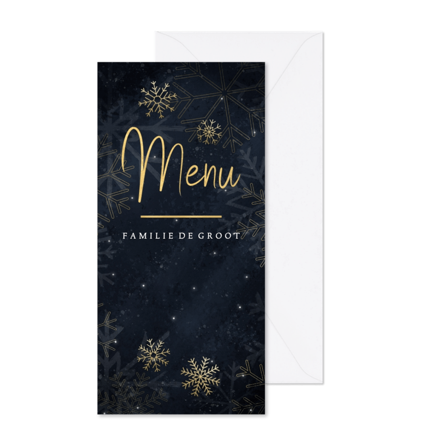 Kerstdiner menukaart met gouden sneeuwvlokken - Kaartimpressie