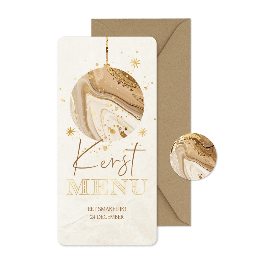 Kerstdiner menukaart met marmer kerstbal beige - Kaartimpressie