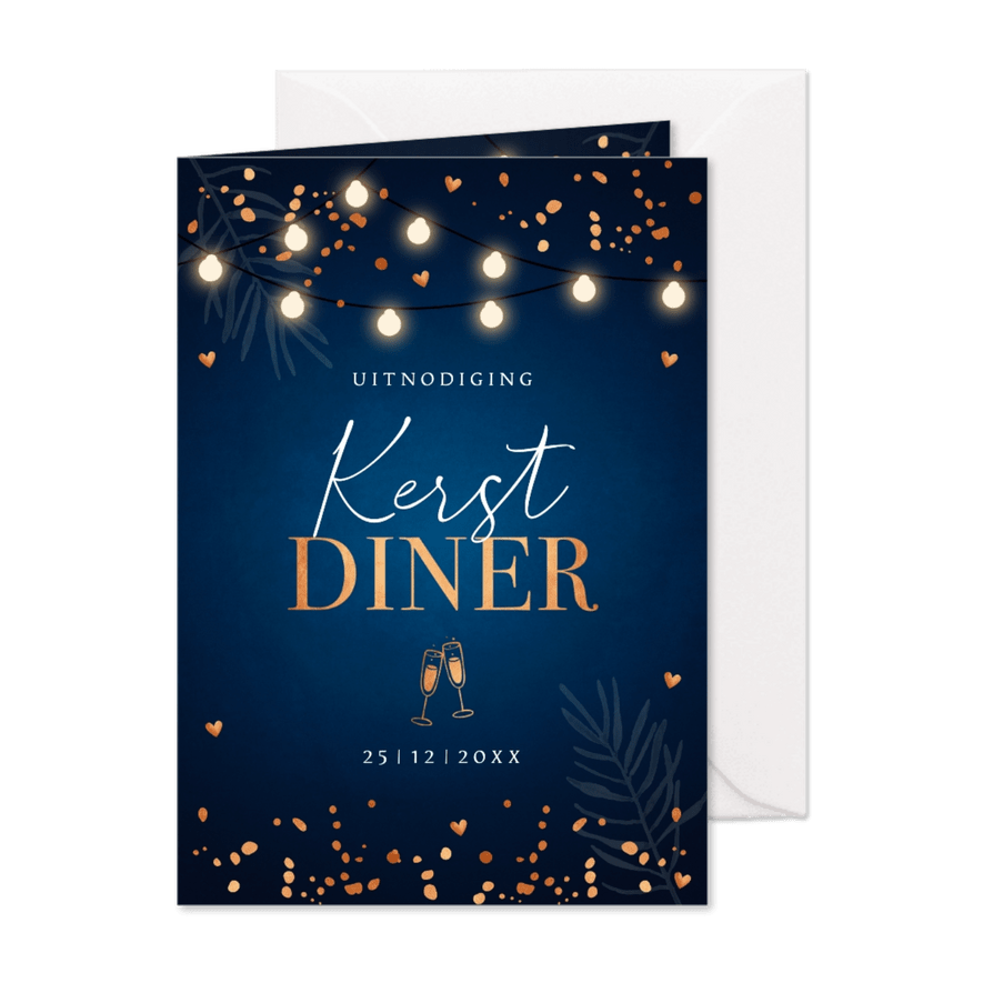 Kerstdiner uitnodiging blauw confetti koperlook - Kaartimpressie