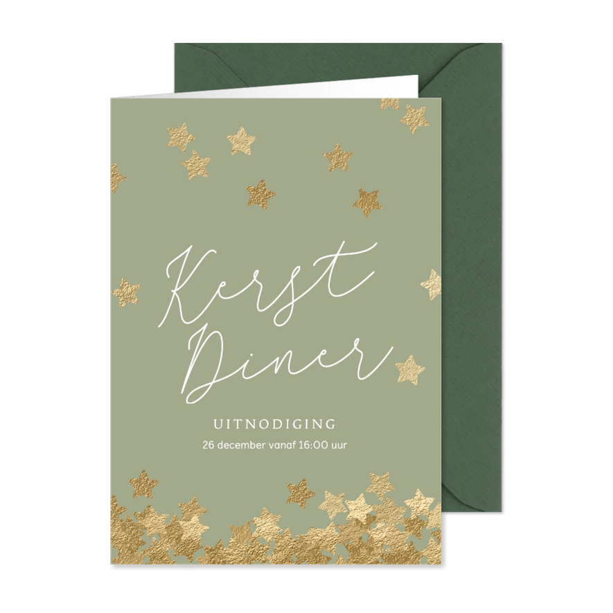 Kerstdiner uitnodiging gouden sterren confetti - Kaartimpressie