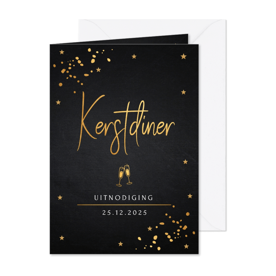 Kerstdiner uitnodiging goudlook confetti - Kaartimpressie