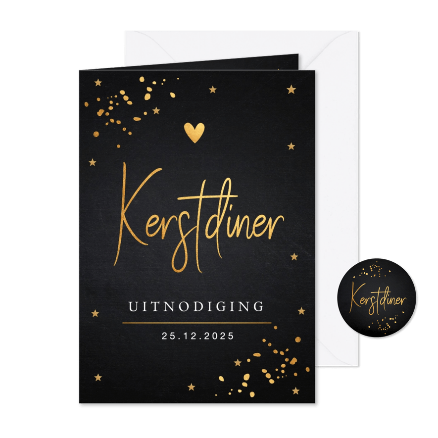 Kerstdiner uitnodiging goudlook confetti - Kaartimpressie