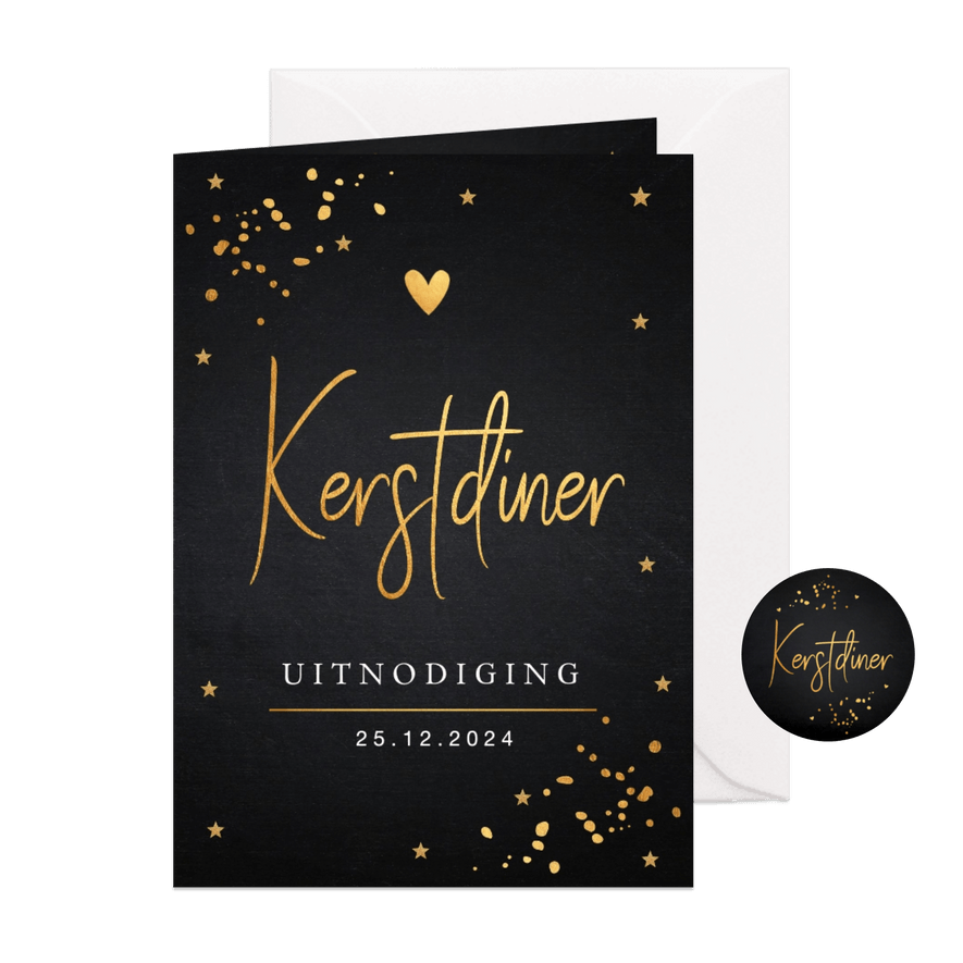 Kerstdiner uitnodiging goudlook confetti - Kaartimpressie