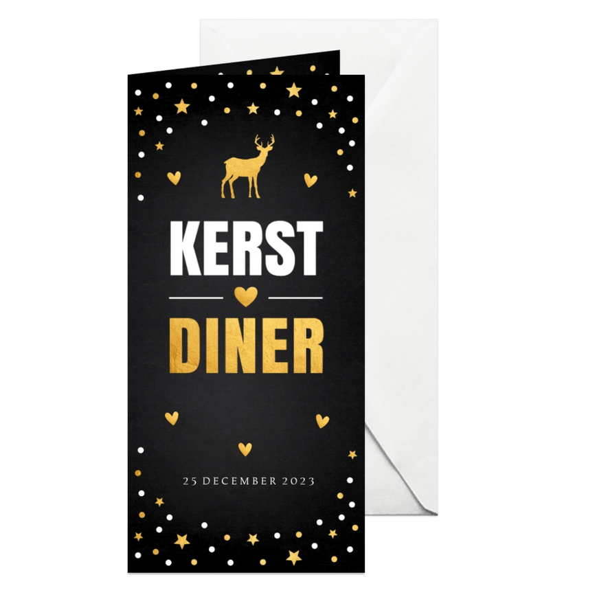 Kerstdiner uitnodiging langwerpig confetti goudlook - Kaartimpressie