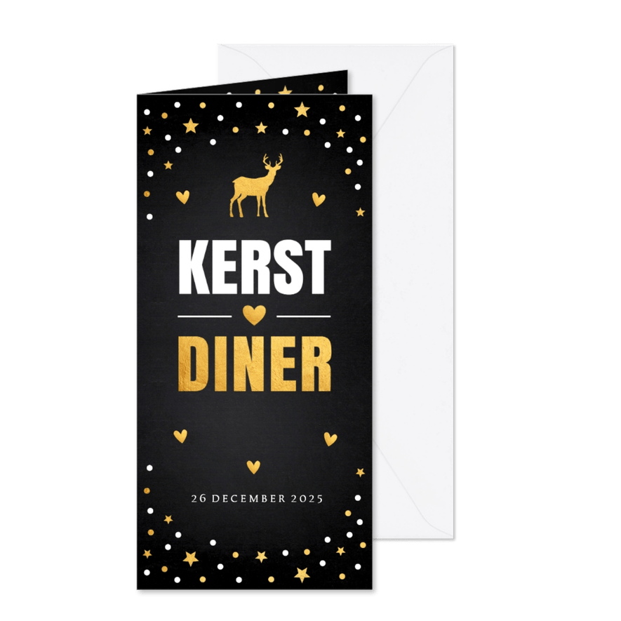 Kerstdiner uitnodiging langwerpig confetti goudlook - Kaartimpressie