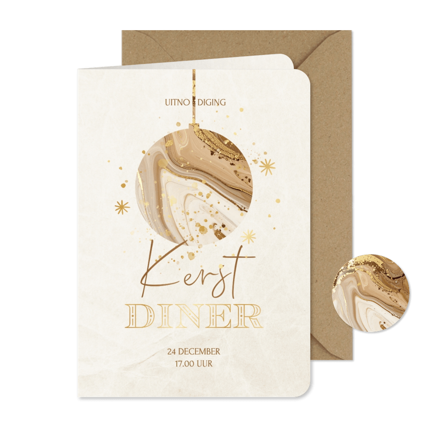 Kerstdiner uitnodiging met marmer kerstbal beige - Kaartimpressie