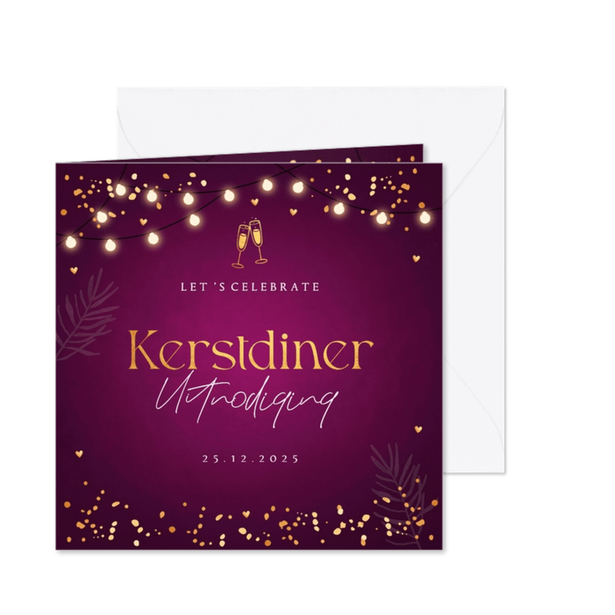 Kerstdiner uitnodiging paars lampjes confetti goudlook - Kaartimpressie