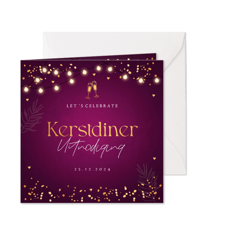 Kerstdiner uitnodiging paars lampjes confetti goudlook - Kaartimpressie