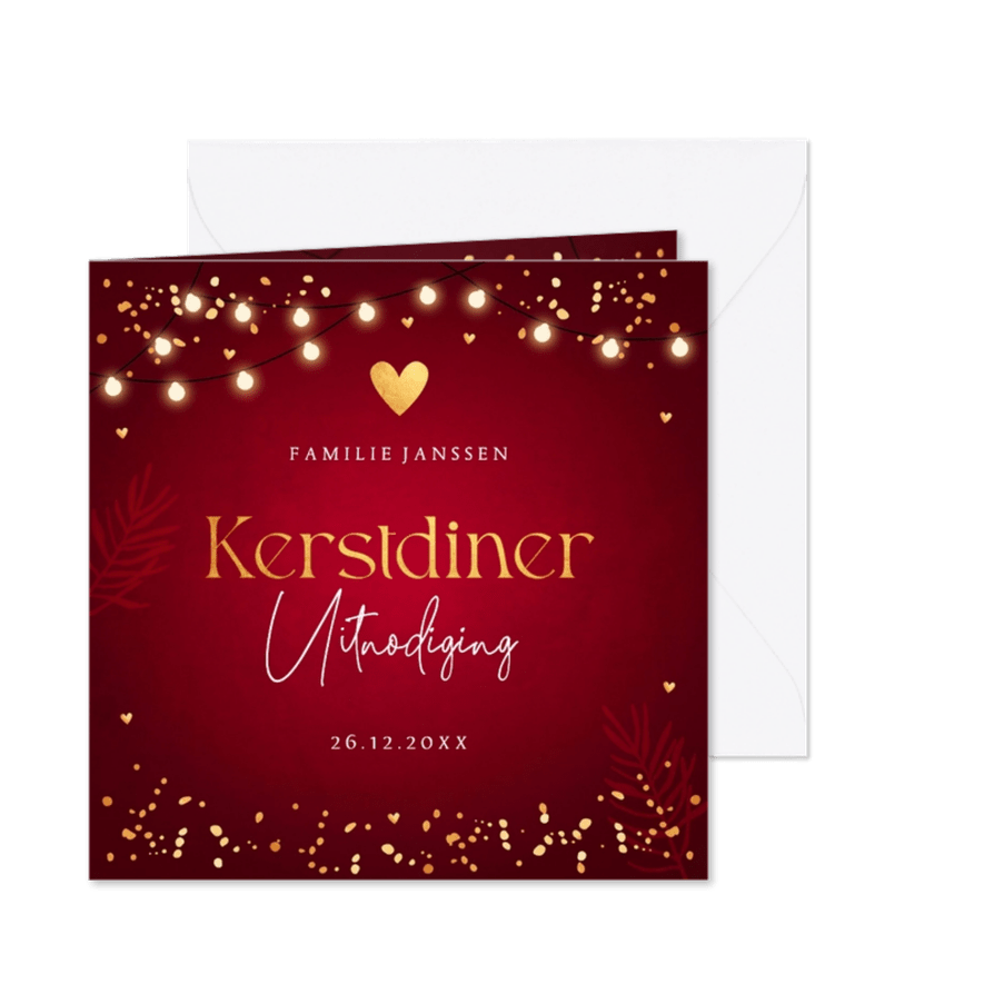 Kerstdiner uitnodiging rood confetti goudlook - Kaartimpressie
