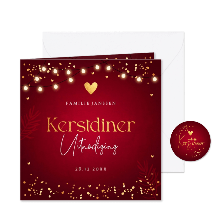 Kerstdiner uitnodiging rood confetti goudlook - Kaartimpressie