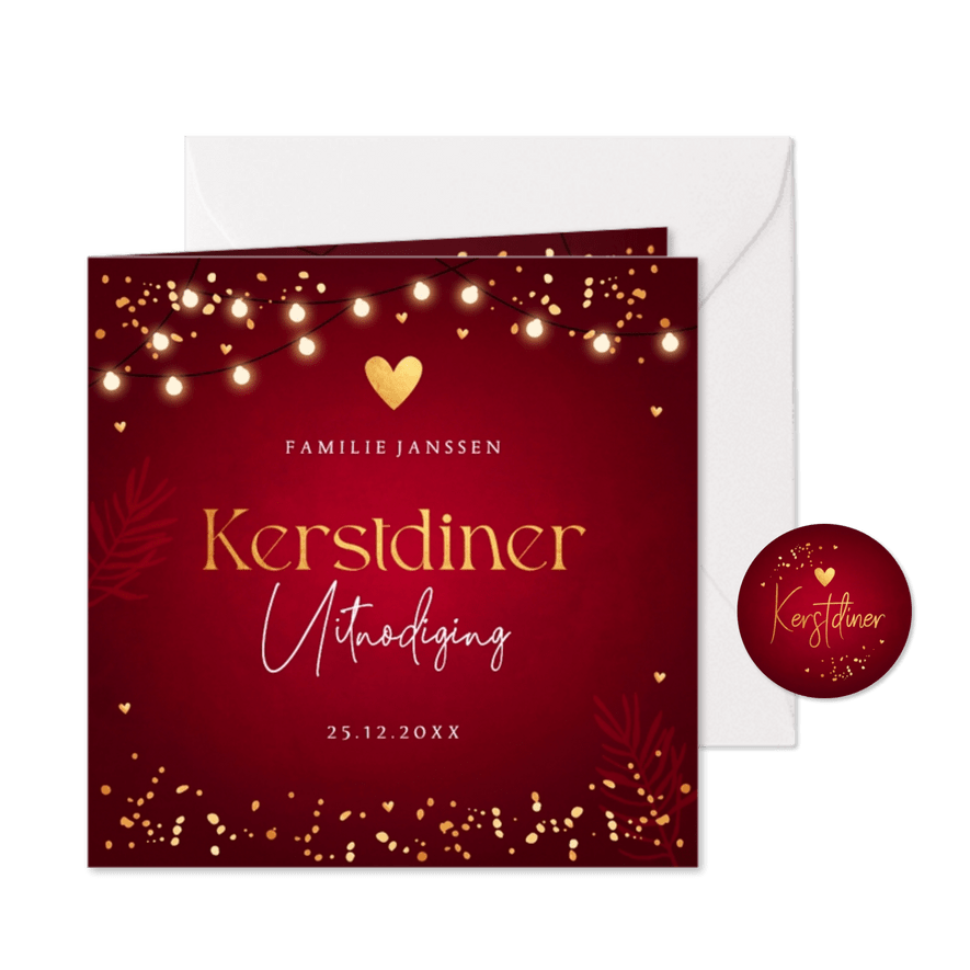 Kerstdiner uitnodiging rood confetti goudlook - Kaartimpressie