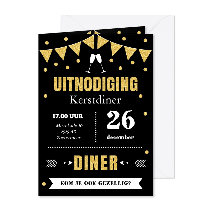 Kerstdiner uitnodiging typografie slinger goud - Kaartimpressie