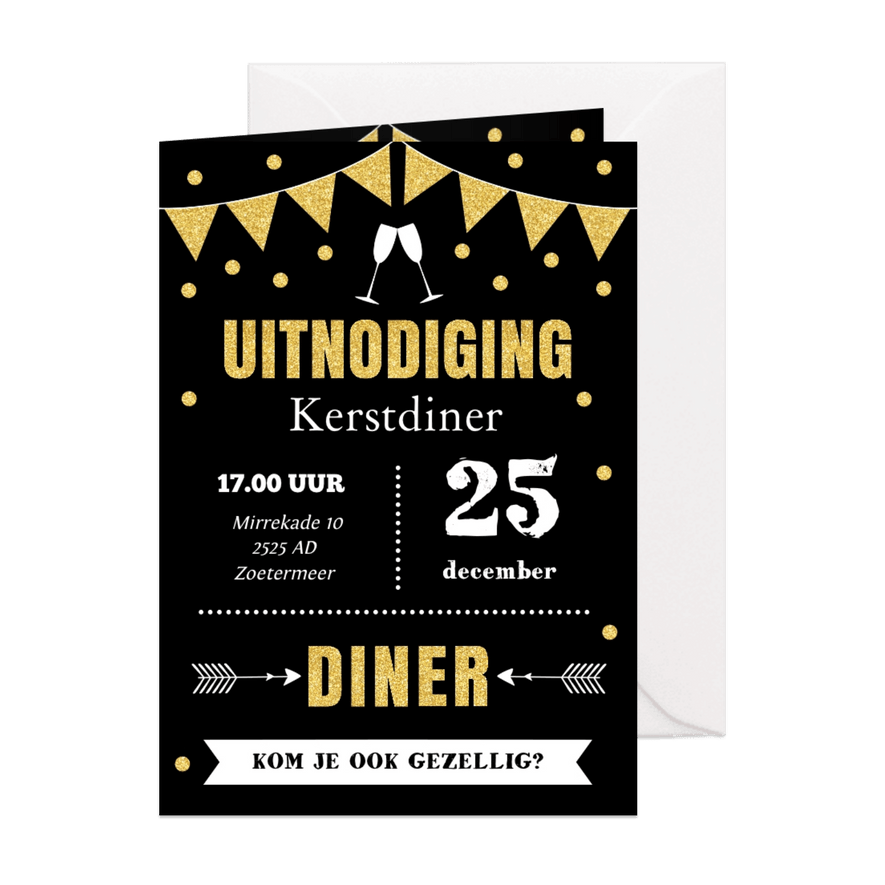 Kerstdiner uitnodiging typografie slinger goud - Kaartimpressie