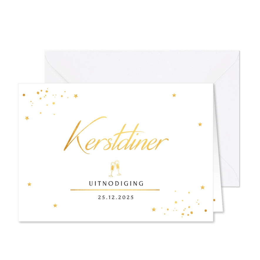 Kerstdiner uitnodiging wit confetti goudlook - Kaartimpressie