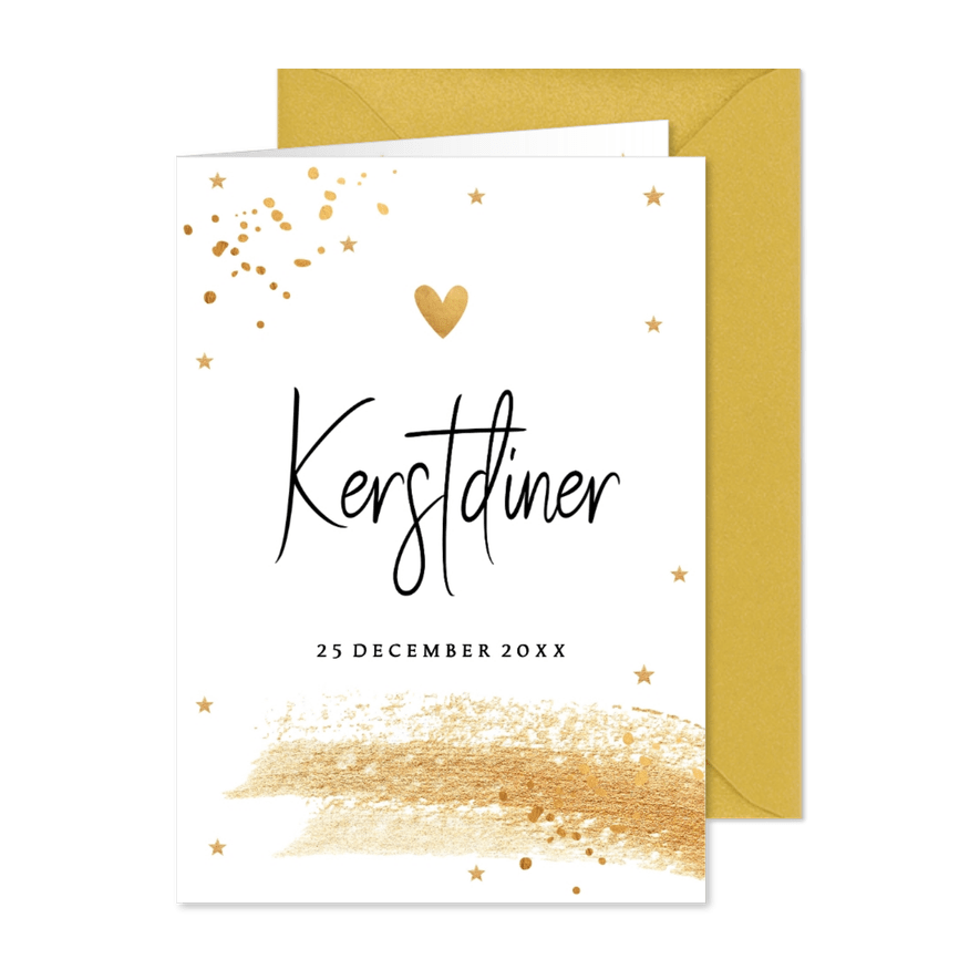Kerstdiner uitnodiging wit goudlook confetti brush - Kaartimpressie