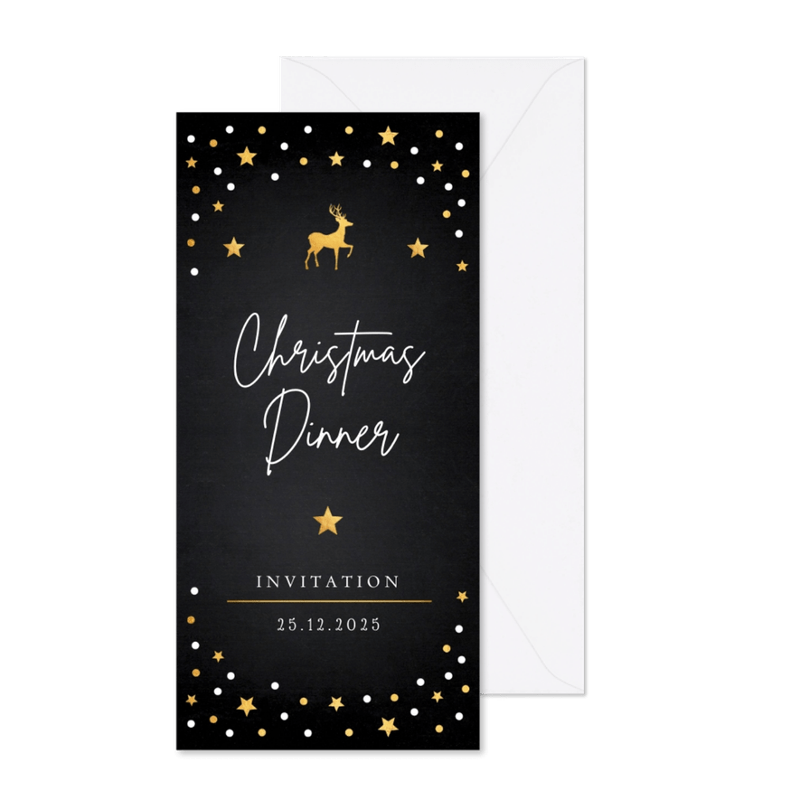 Kerstdiner uitnodiging zwart confetti goudlook - Kaartimpressie