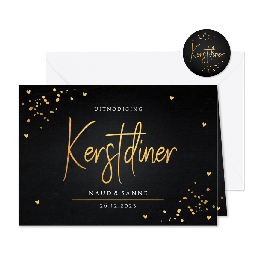 Kerstdiner uitnodiging zwart goudlook confetti - Kaartimpressie