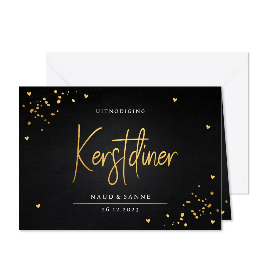 Kerstdiner uitnodiging zwart goudlook confetti - Kaartimpressie