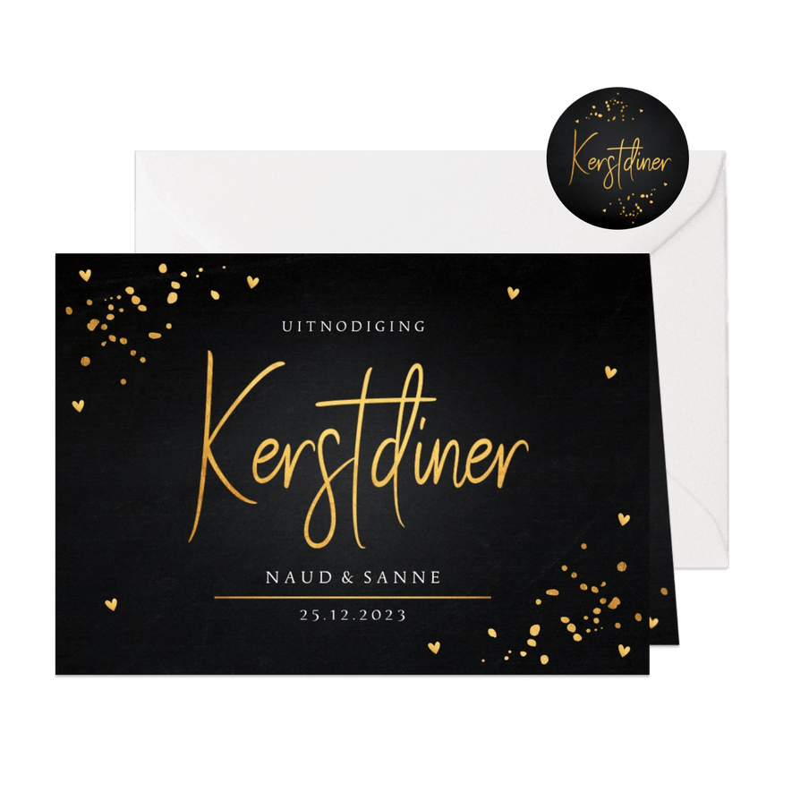 Kerstdiner uitnodiging zwart goudlook confetti - Kaartimpressie