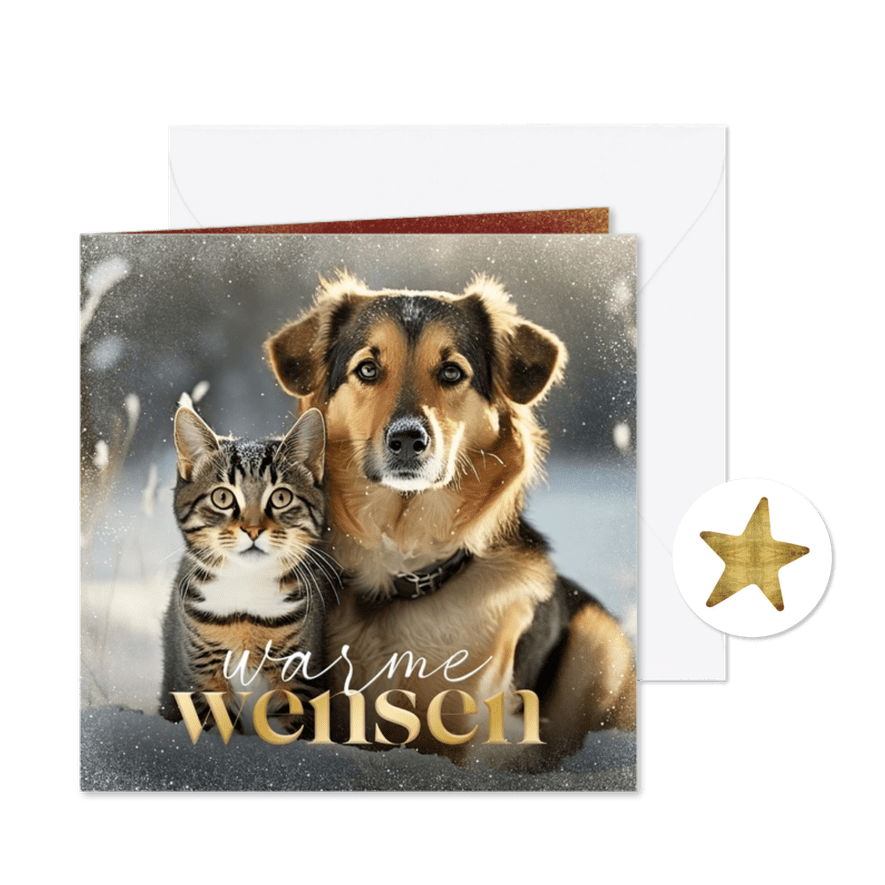 Kerstgroet met persoonlijke foto van hond en kat sneeuw - Kaartimpressie