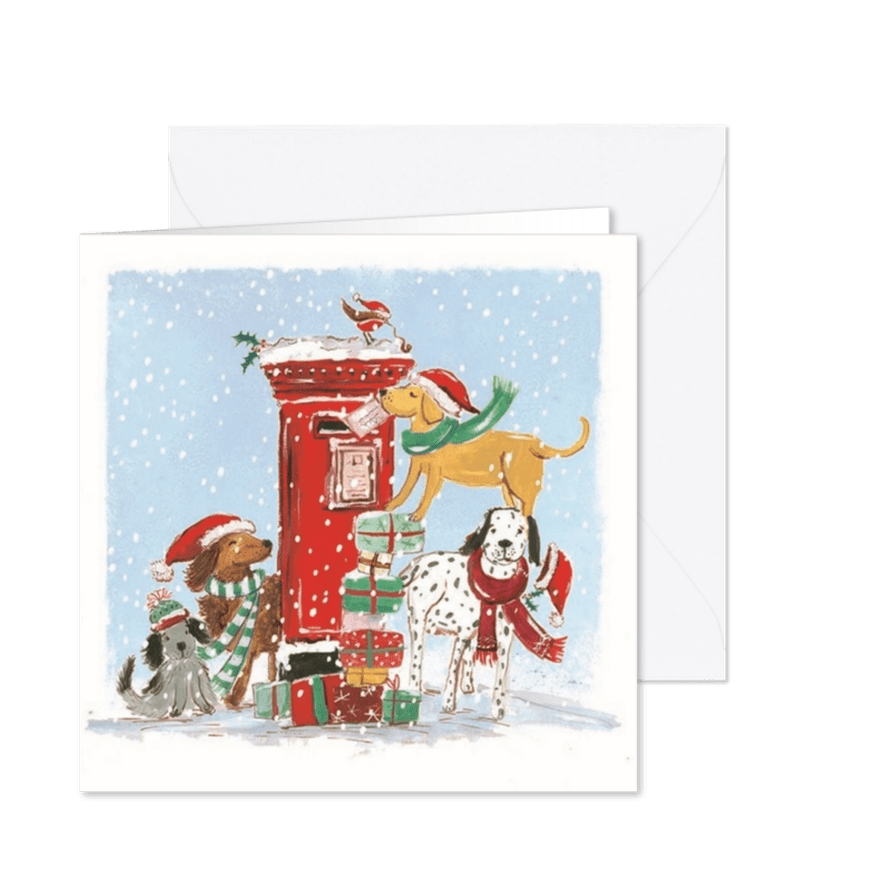 Kerstkaar brievenbus met honden in kerstsfeer - Kaartimpressie