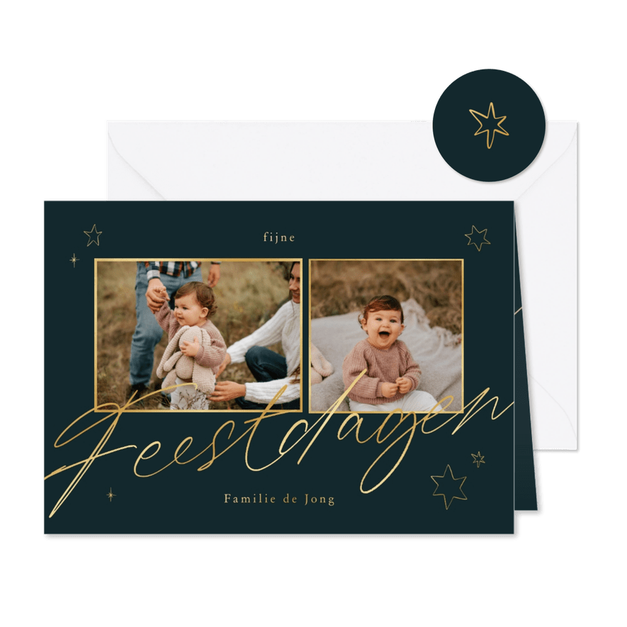 Kerstkaart 2 foto's Fijne Feestdagen goud met inkt sterren - Kaartimpressie