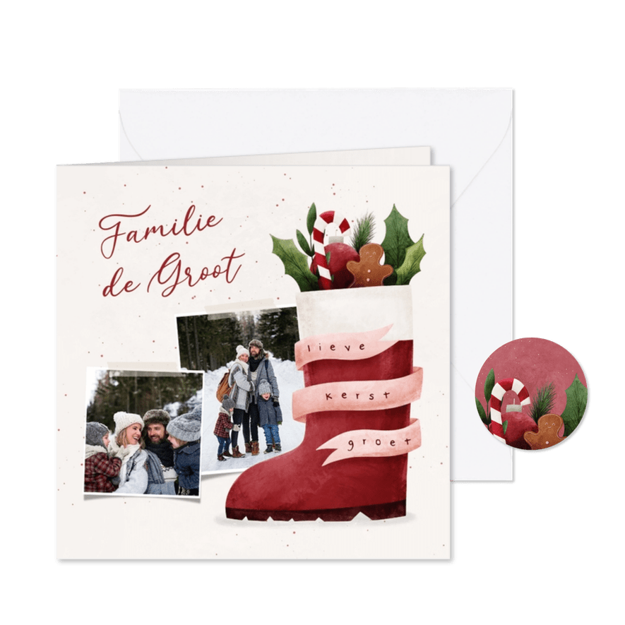 Kerstkaart 2 foto's kerstgroet met laars van de Kerstman - Kaartimpressie