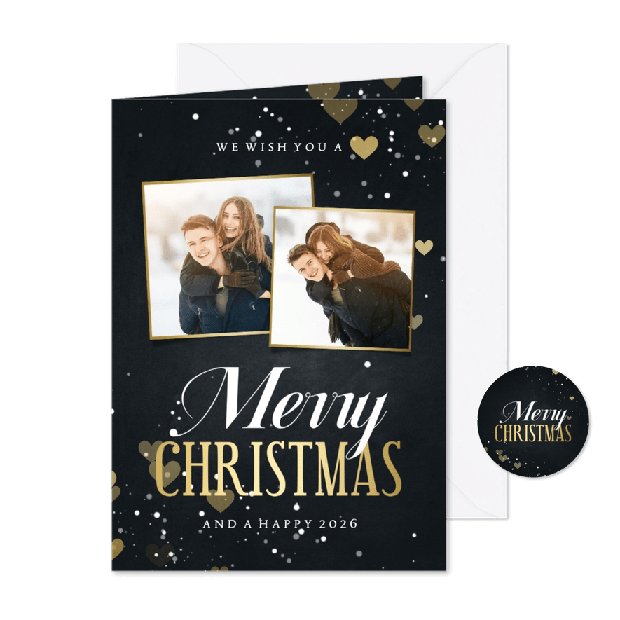 Kerstkaart 2 fotos merry christmas met hartjes - Kaartimpressie