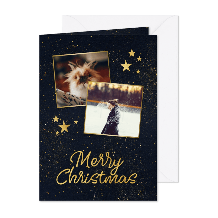 Kerstkaart 2 foto's sterren gouden figuren - Kaartimpressie
