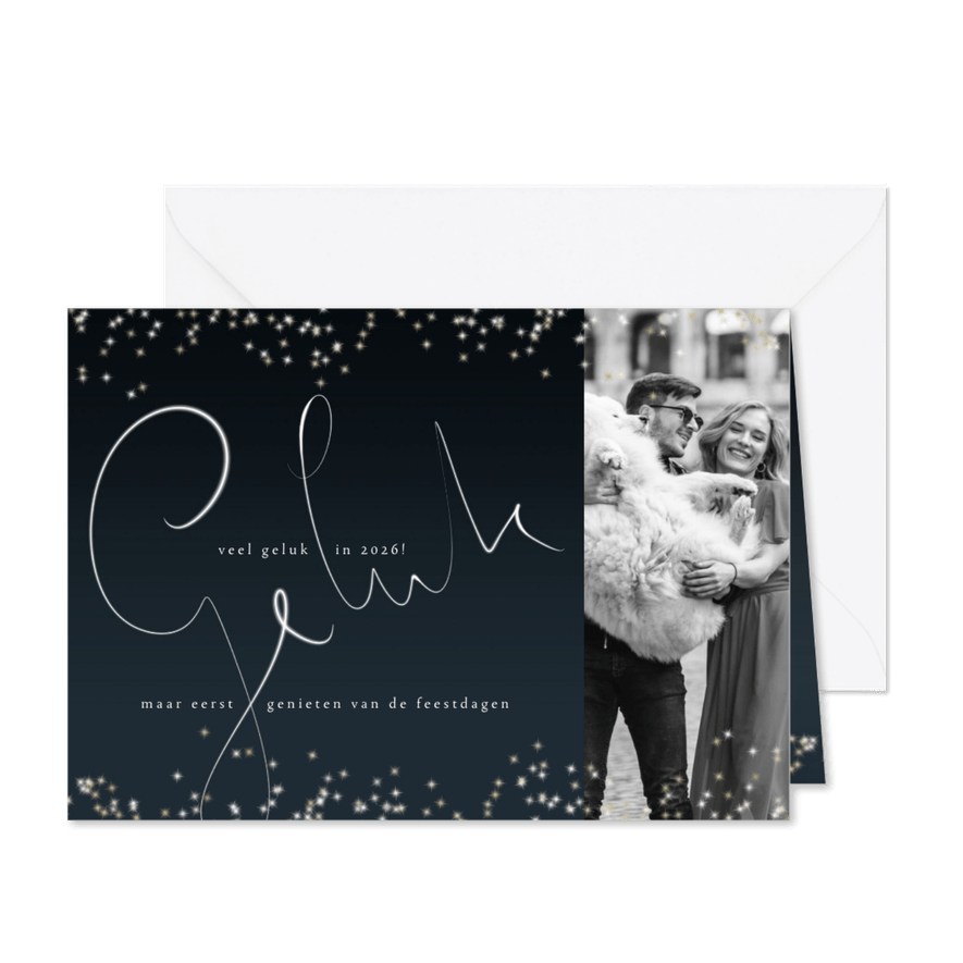 Kerstkaart 2025-2026, handgeschreven tekst en sterretjes - Kaartimpressie