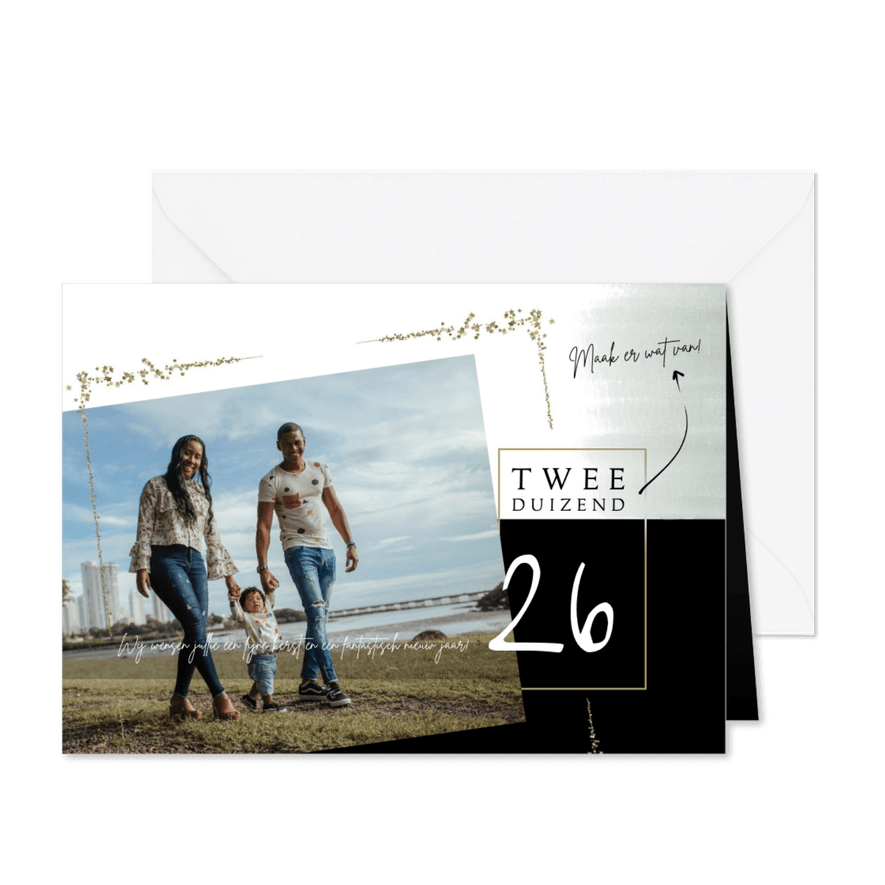Kerstkaart 2025-2026, met foto en sterretjes in goudlook - Kaartimpressie